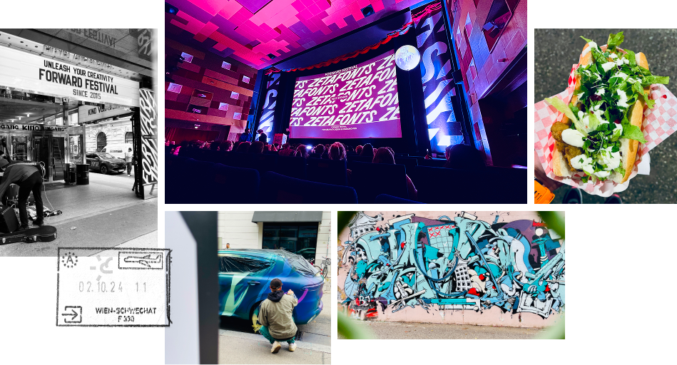 A montage of images from Vienna and Forward Festival. Some showing the conference, others showing food and graffiti.