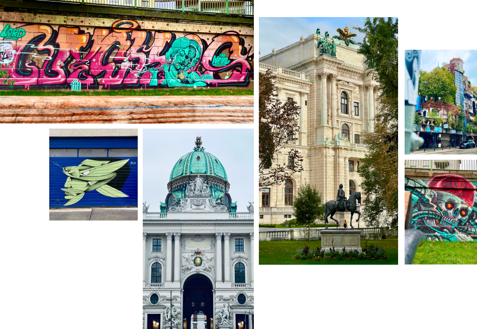 A montage of images from around Vienna including architecture and artful graffiti.