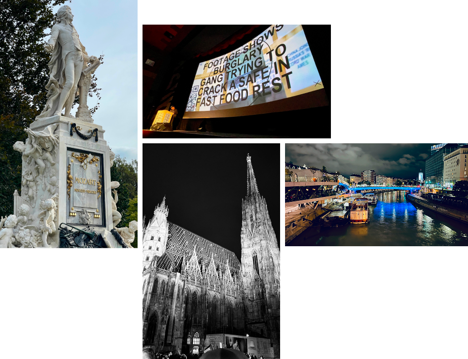 A montage of images from Vienna and Forward Festival including Vienna at night, a cathedral, the Mozart statue and a speaker at the conference.